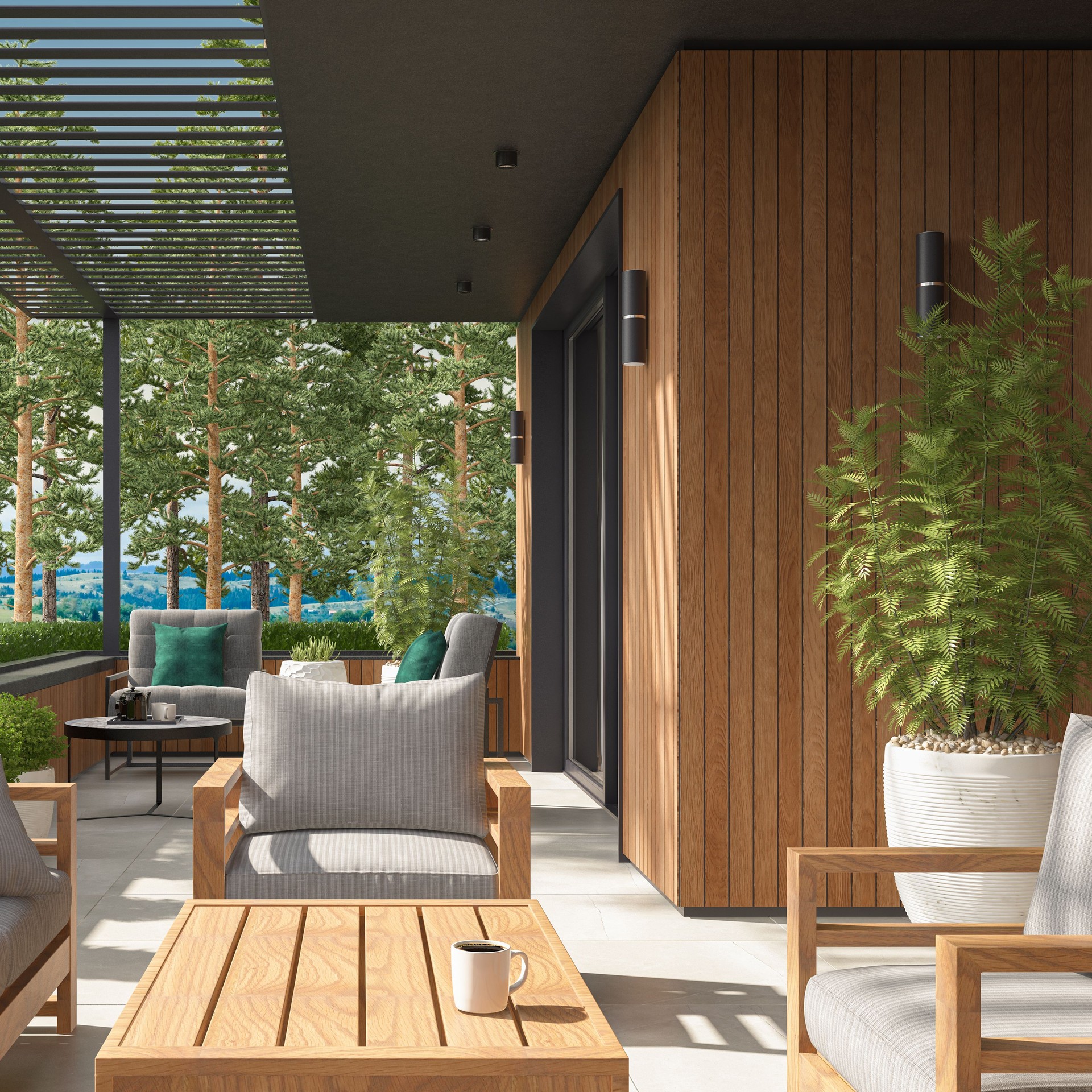 Modern Luxurious Villa balcony with forest view in summer